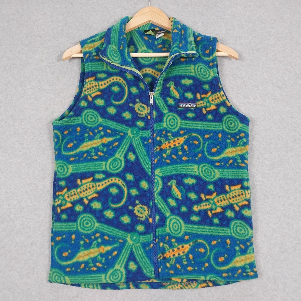 Vintage Patagonia Synchilla Vest Kids XL (14) Blue Crocodile Abstract Fleece 90s